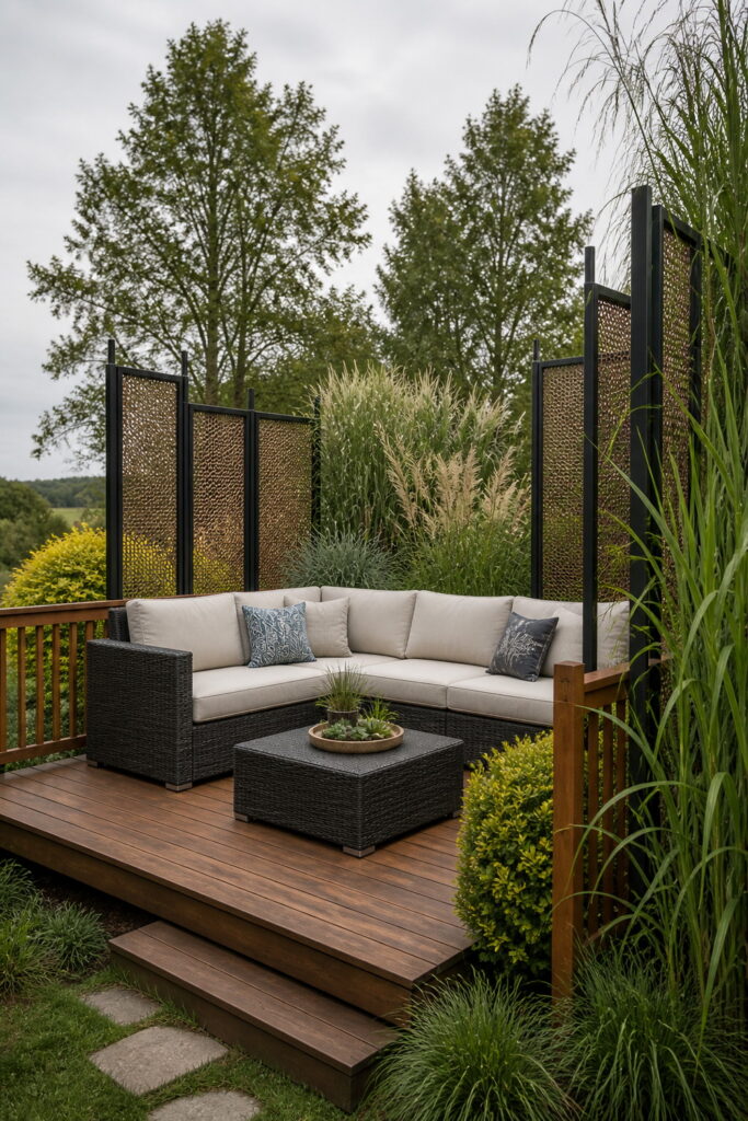 Private deck lounge with decorative privacy screens