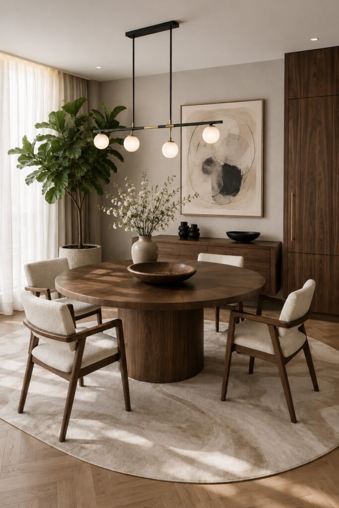 Modern walnut dining room with soft neutral seating