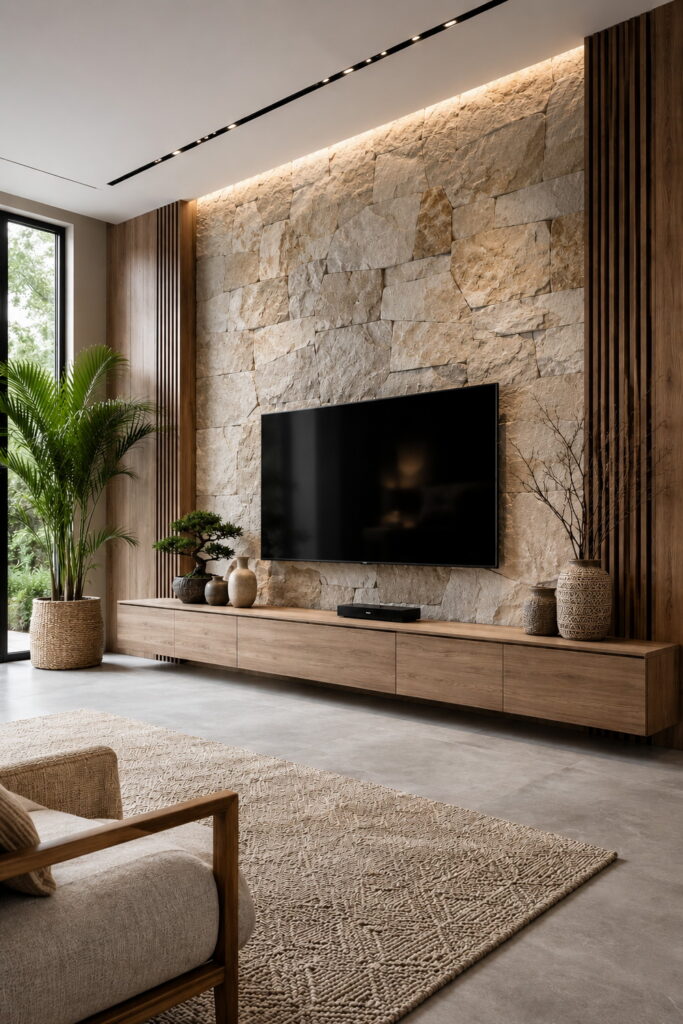 Stone and wood TV wall with warm texture