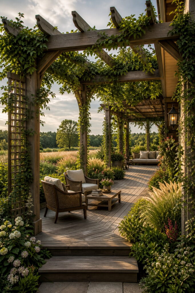 Wood pergola deck with climbing vines and seating