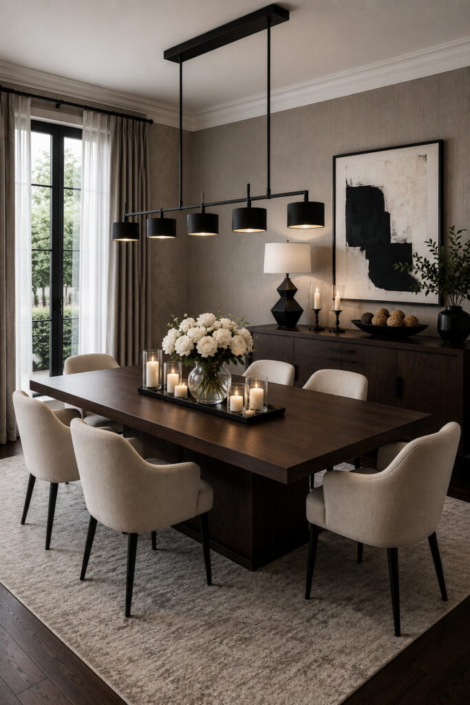 Modern dining room with dark wood and soft textures