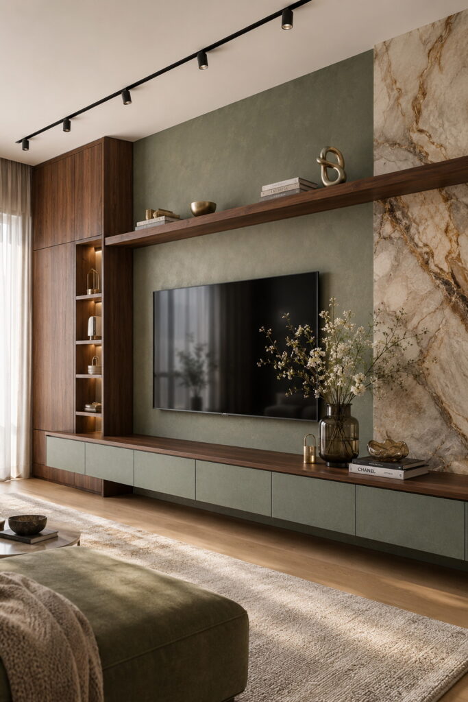 Modern TV wall with marble accents and integrated shelving