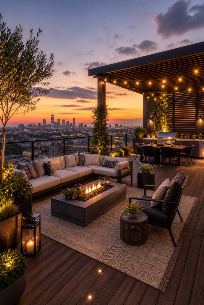Modern rooftop patio with fire pit lounge