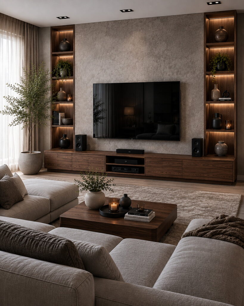 Symmetrical TV wall with integrated storage and lighting