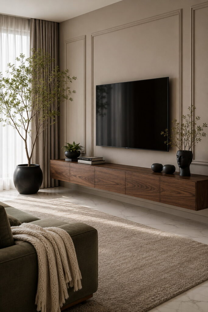 Timeless paneled TV wall with warm wood media unit