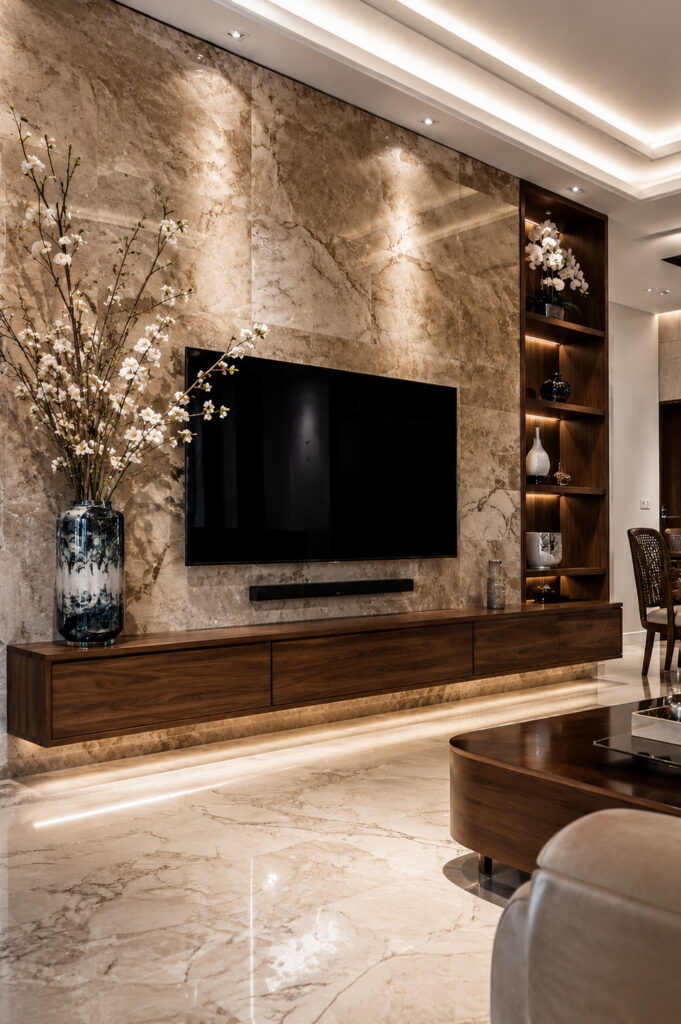 Marble TV wall with warm walnut storage