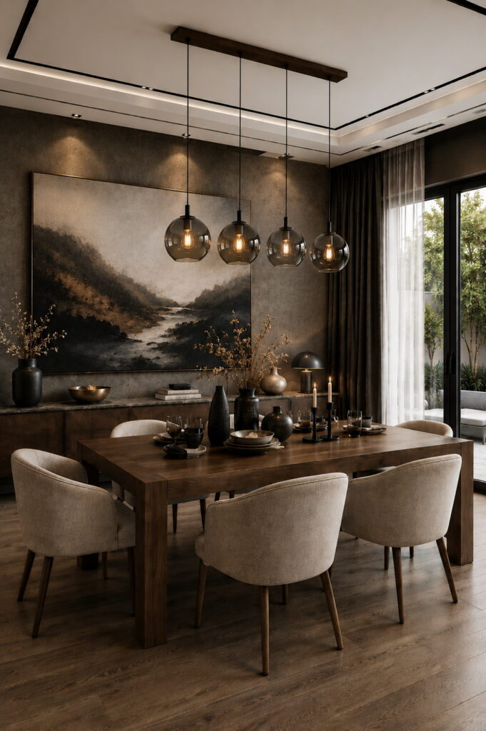 Modern dark wood dining room with layered lighting