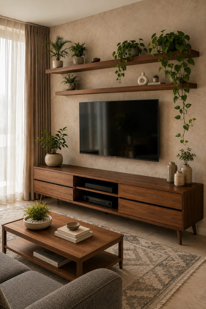 Floating wood shelves add style above TV wall.