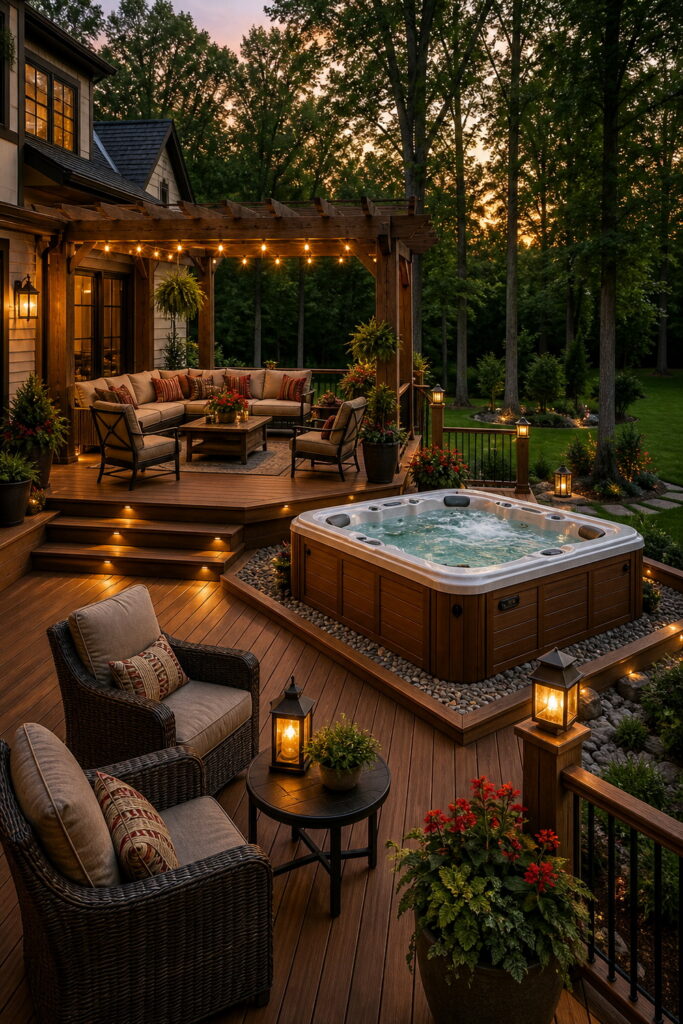 Spa Deck Oasis with hot tub and layered outdoor lighting.