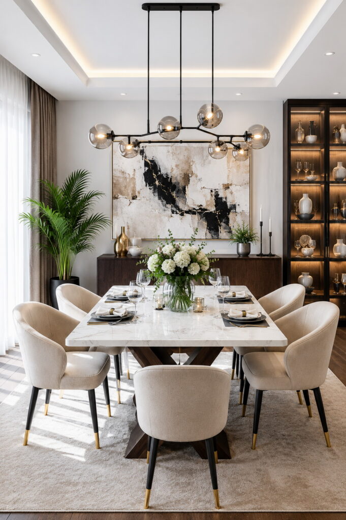 Modern marble dining room with elegant lighting