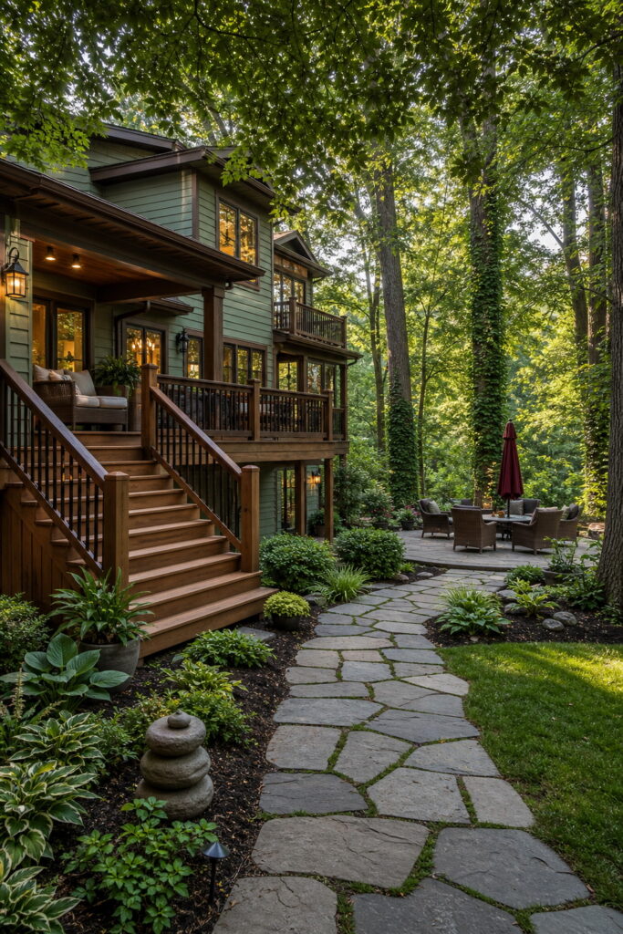 Stone garden path connects deck and patio retreat.