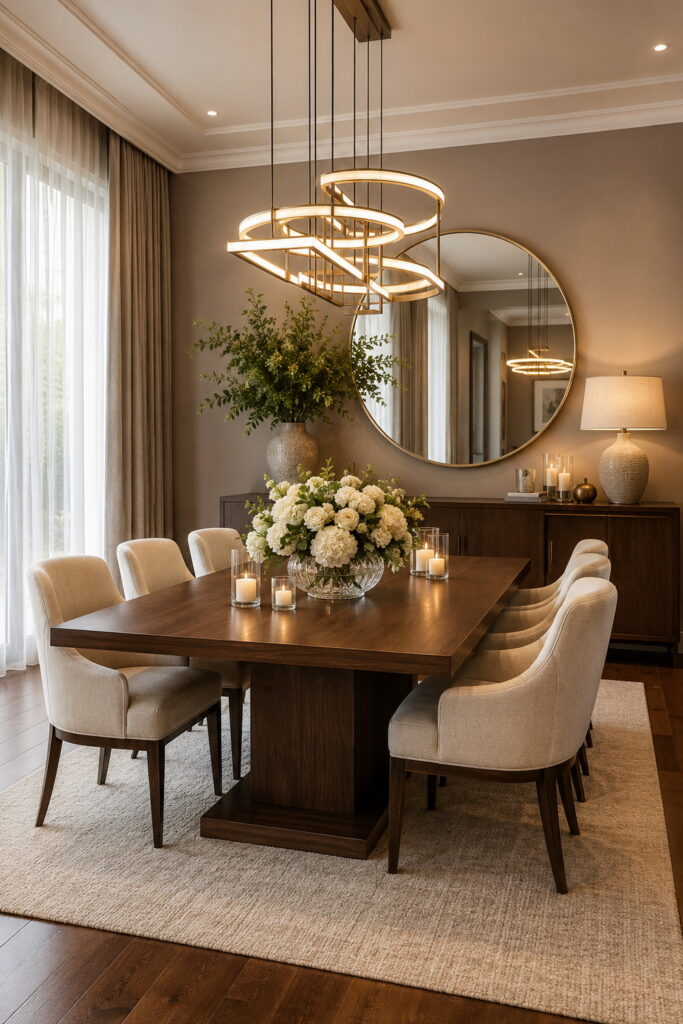 Modern dining room with sculptural chandelier elegance