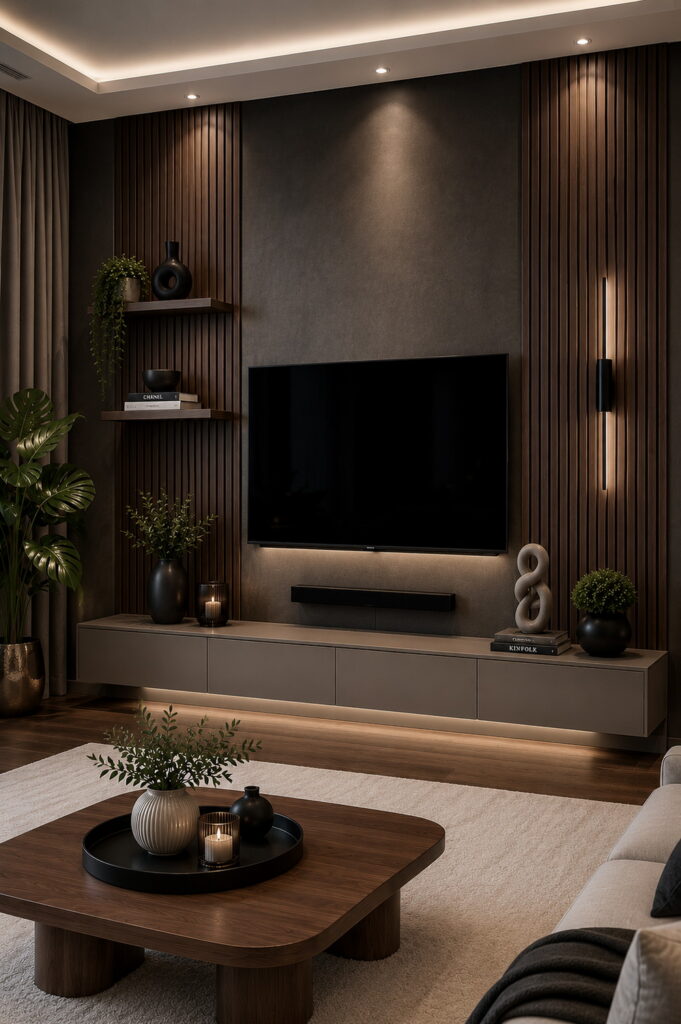 Modern TV wall with wood slats and ambient lighting