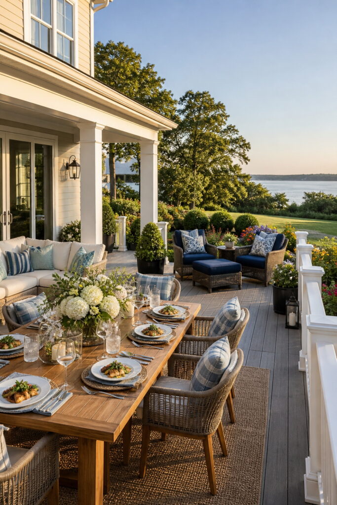 Coastal-inspired deck and patio layout creating stylish outdoor dining and relaxation zones.