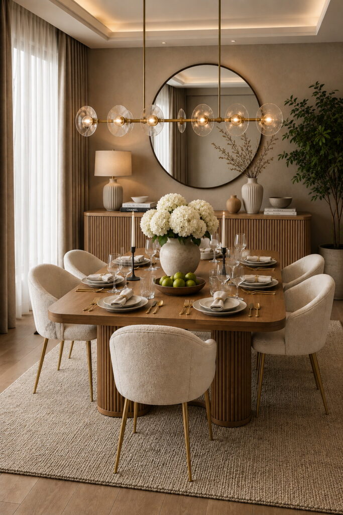 Neutral dining room with warm layered textures