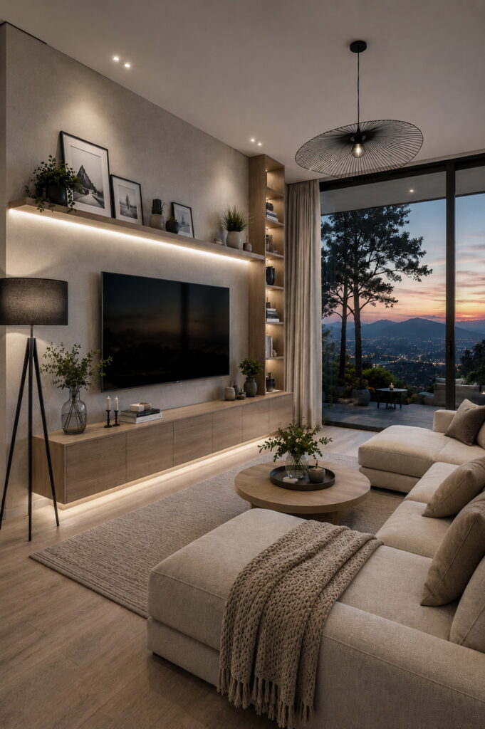 TV wall with illuminated shelving and storage