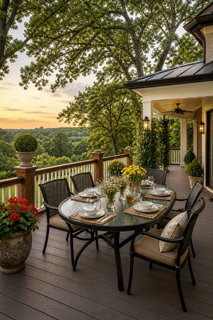 Elevated dining deck blending comfort, views, and timeless outdoor living style.