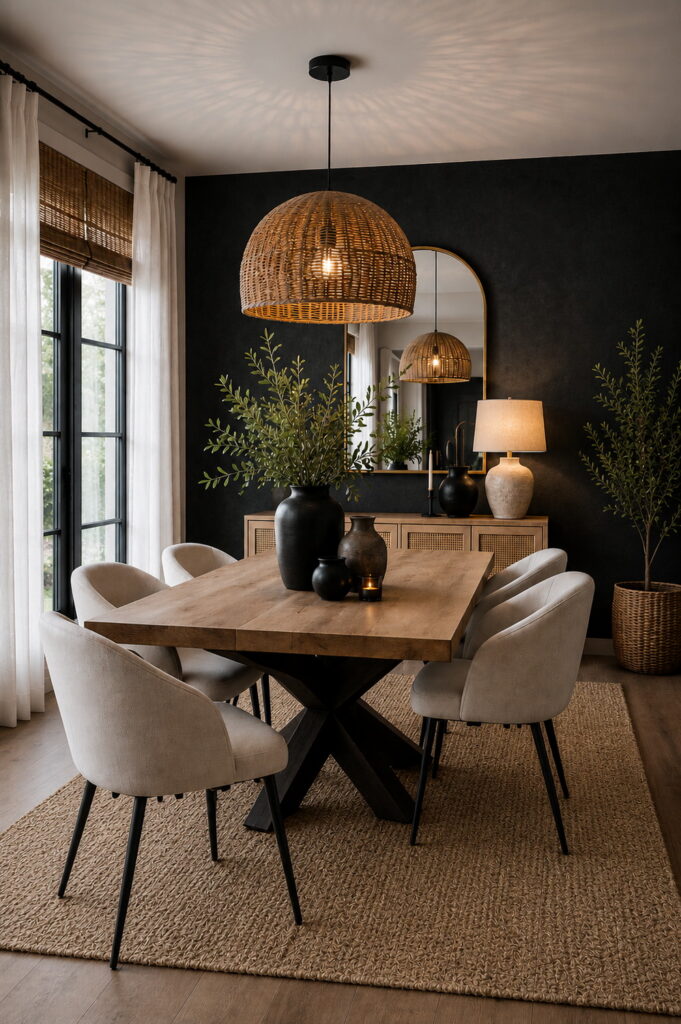 Modern dining room with woven lighting and warm textures