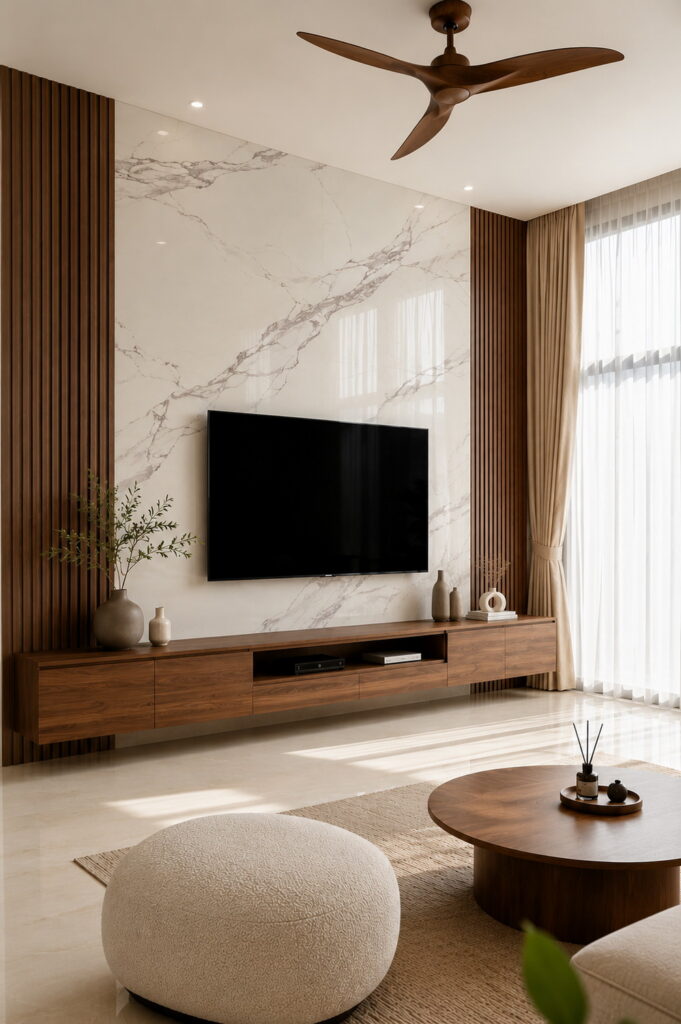 Modern marble TV wall with warm wood accents