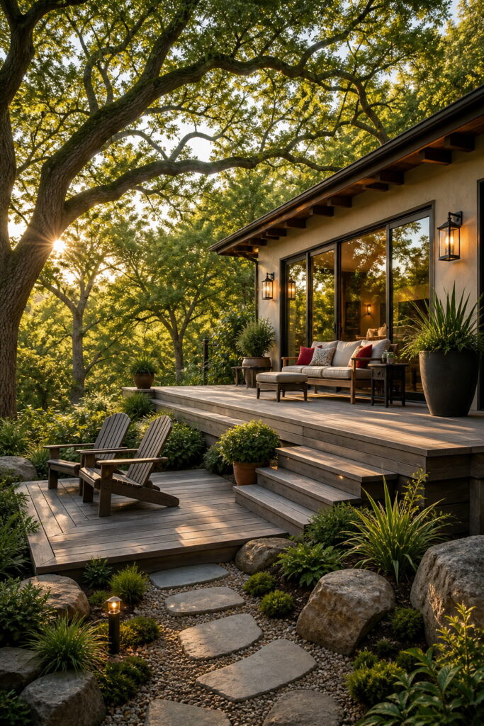 Multi-level deck retreat beneath mature shade trees