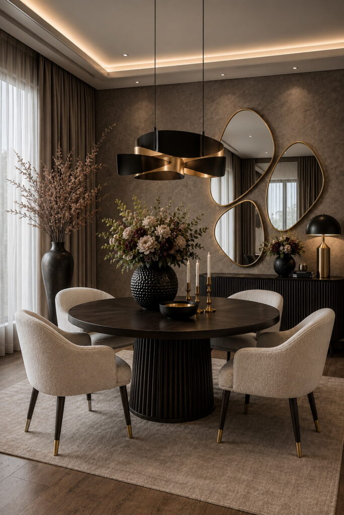 Modern dining room with sculptural mirrors and warm neutrals