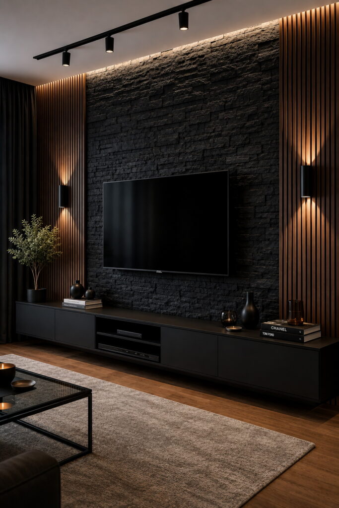 TV wall with stone texture and wood slats