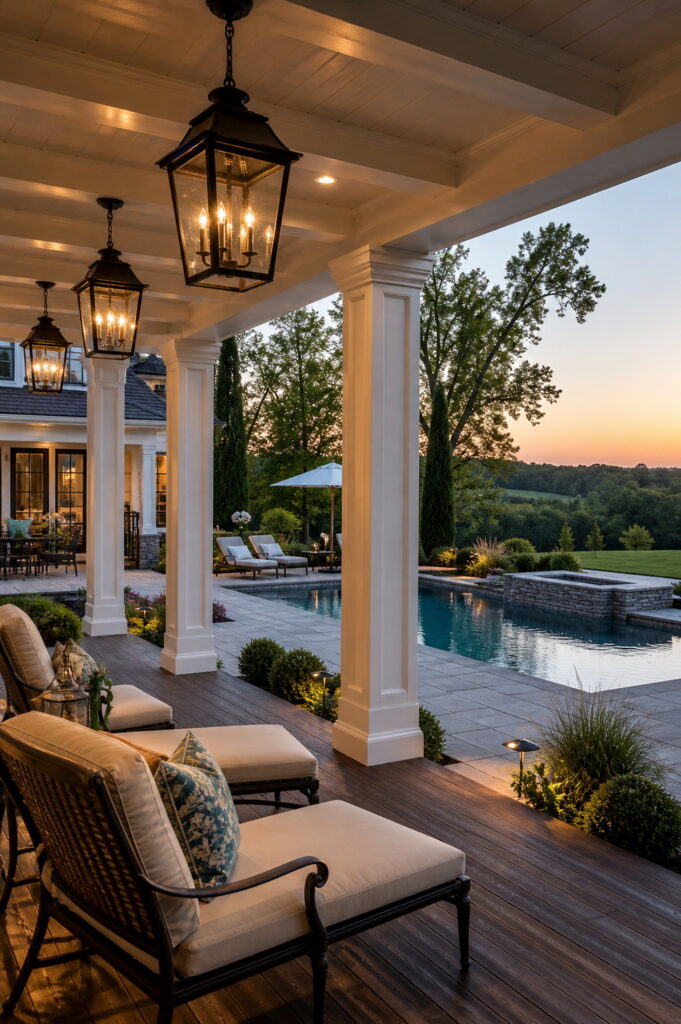 Covered deck seating with poolside sunset views.