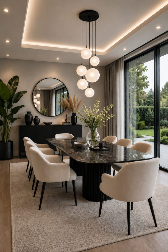 Contemporary dining room with warm layered modern finishes