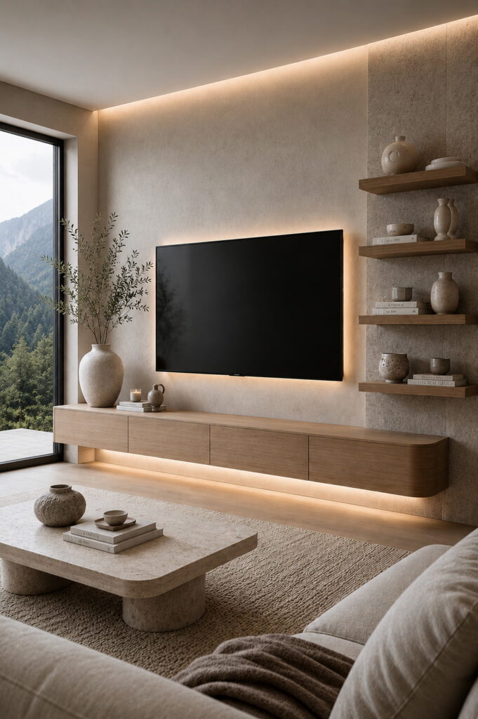 Warm TV wall with integrated ambient LED lighting