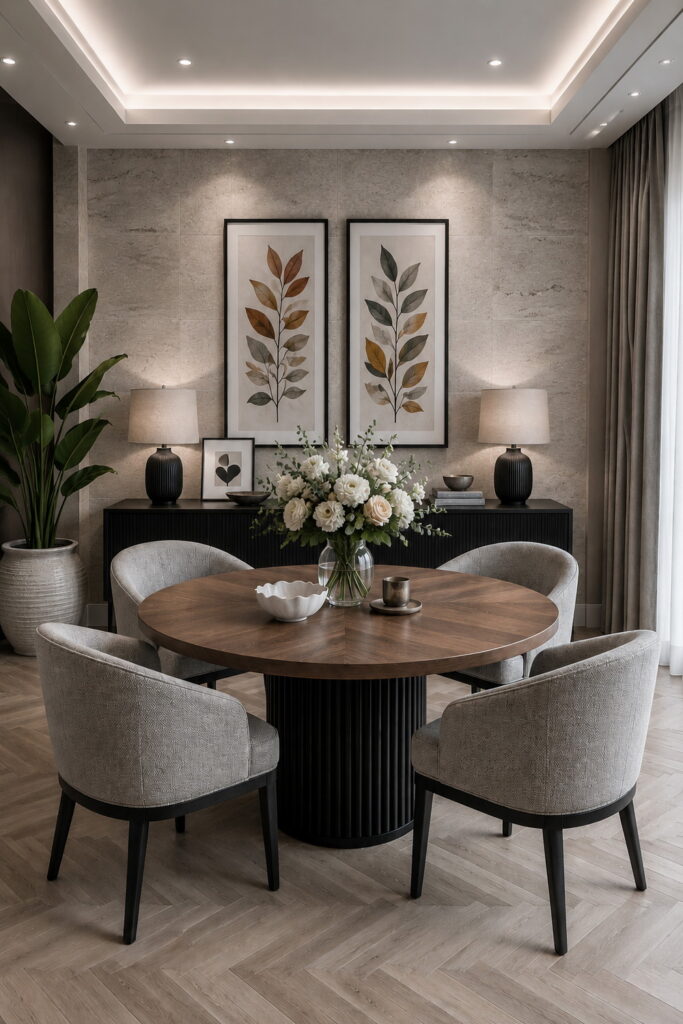 Balanced neutral dining room with warm layered finishes
