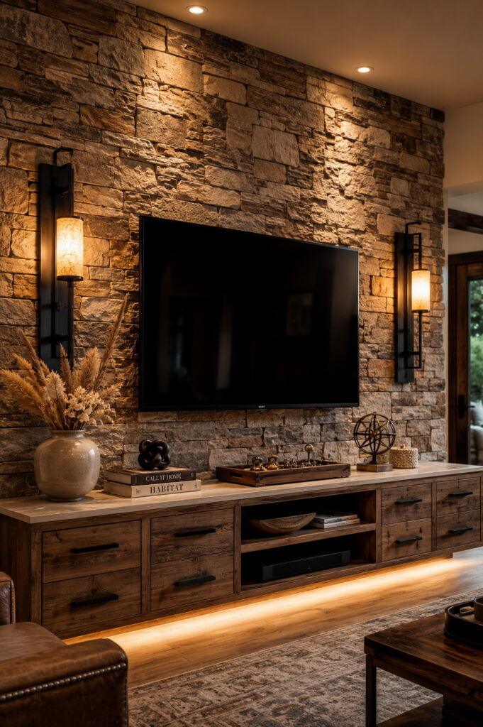 Stone TV wall with warm wood storage