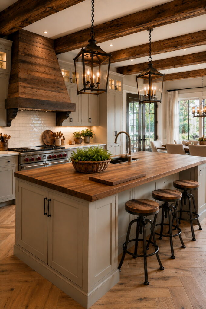 Farmhouse kitchen with warm wood island and beams