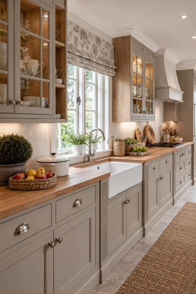 Farmhouse kitchen with Roman shade and glass display cabinets.