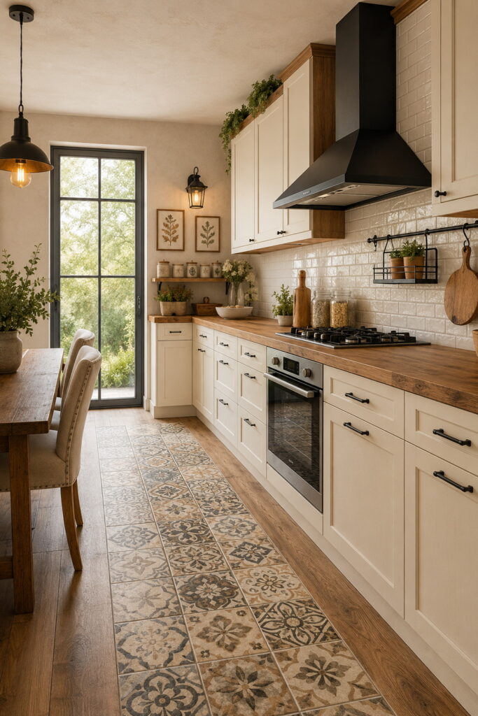 Farmhouse kitchen with patterned floor tiles and warm wood countertops.
