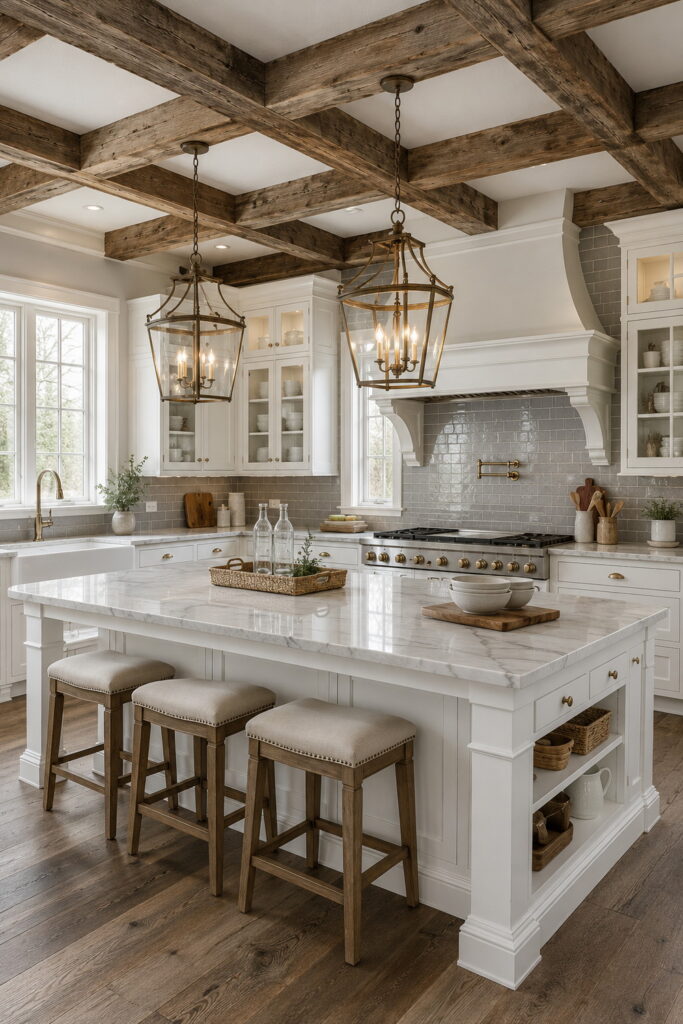 Farmhouse kitchen with grid wood ceiling and marble island.