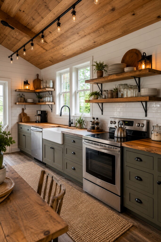 Farmhouse kitchen with open wood shelves and shiplap walls.