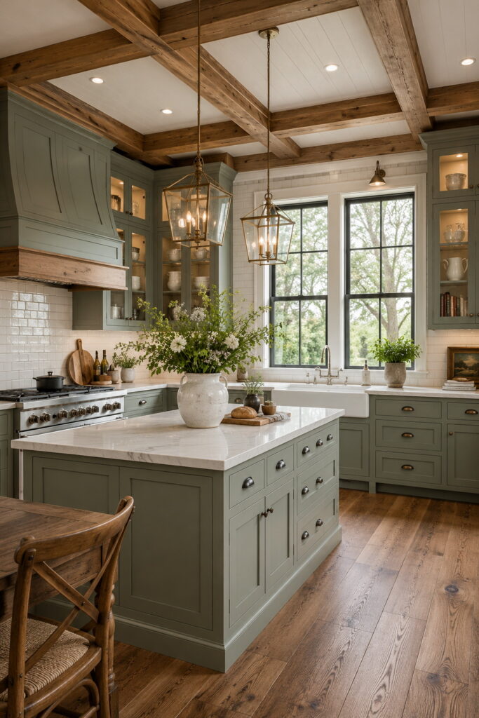 Sage green farmhouse kitchen with coffered wood ceiling.