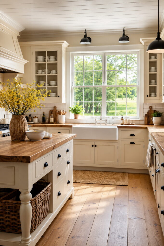 Bright farmhouse kitchen with butcher block island and apron sink.