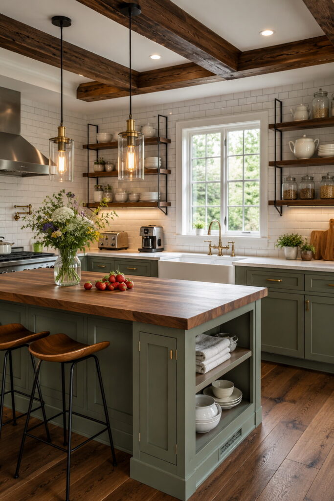 Farmhouse kitchen with exposed wood beams and spacious island.
