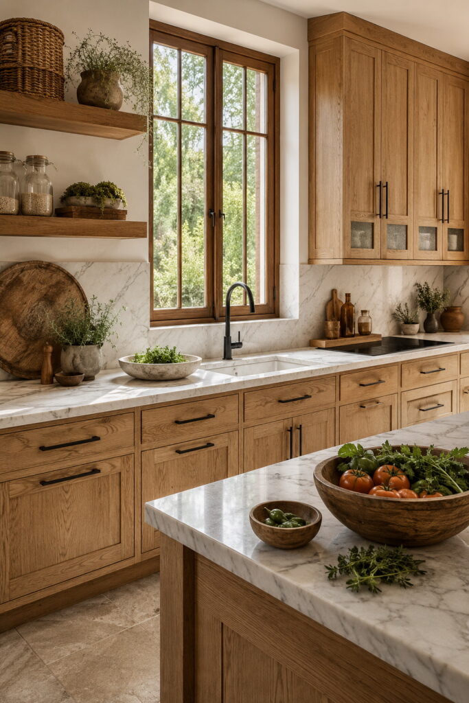 Warm wood farmhouse kitchen with marble countertops and open shelving.