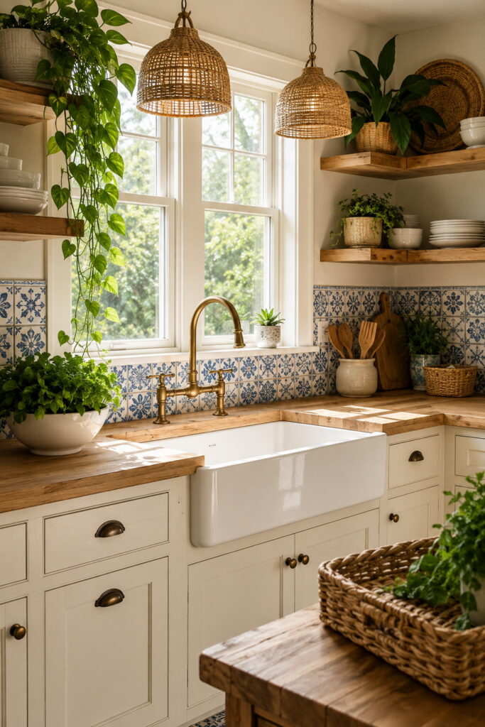 Farmhouse sink with patterned tile backsplash and wood shelving.