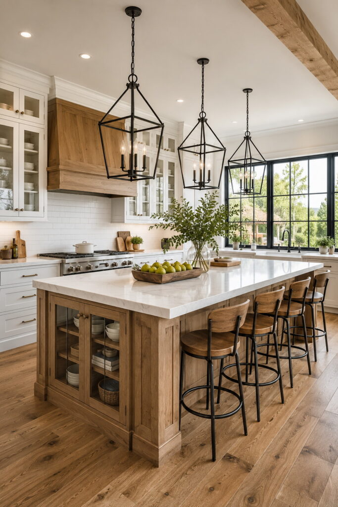 Large farmhouse kitchen island with built-in storage and seating.