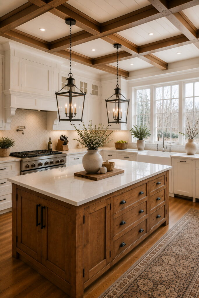 Farmhouse kitchen with coffered wood ceiling and spacious island.