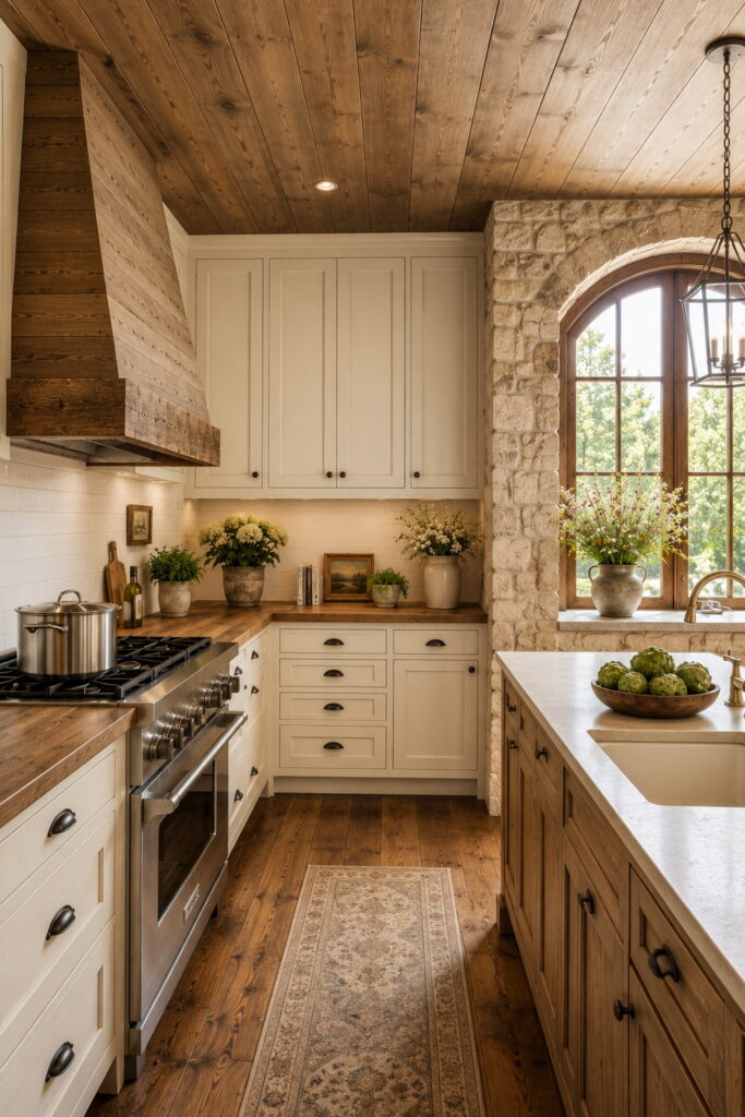 Farmhouse kitchen with stone window surround and wood accents.