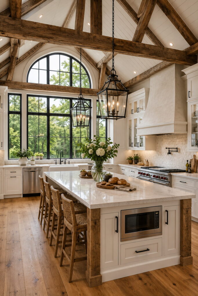 Vaulted farmhouse kitchen with exposed timber beams and oversized island.