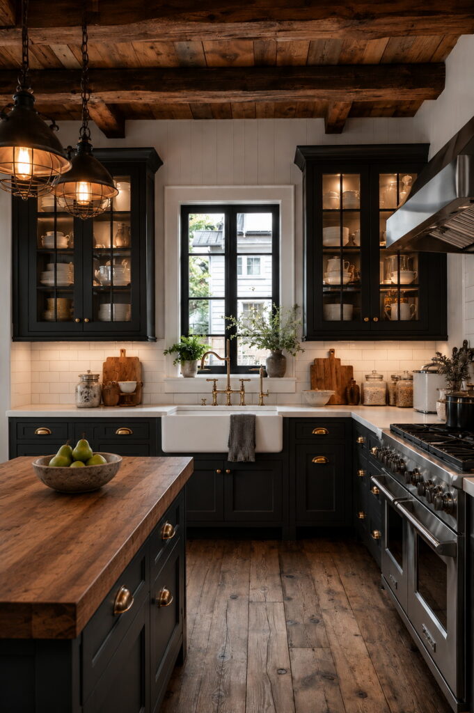 Dark farmhouse kitchen with wood beams and brass hardware.
